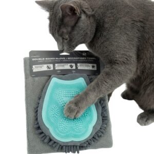 Microfiber Grooming Glove and Towel Set for Dogs, Mint and Grey Colour